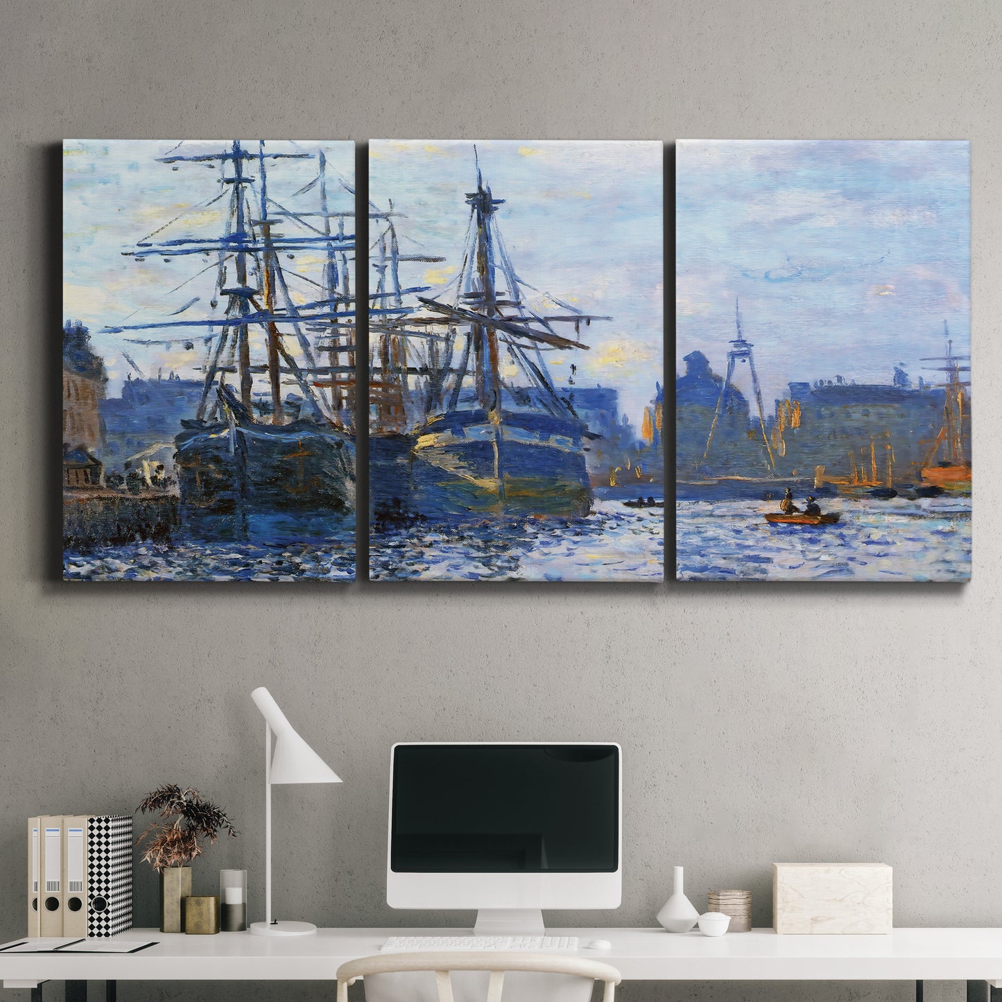 Three-panel canvas wall art featuring industrial dock along harbor, displayed above a desk in a home office.