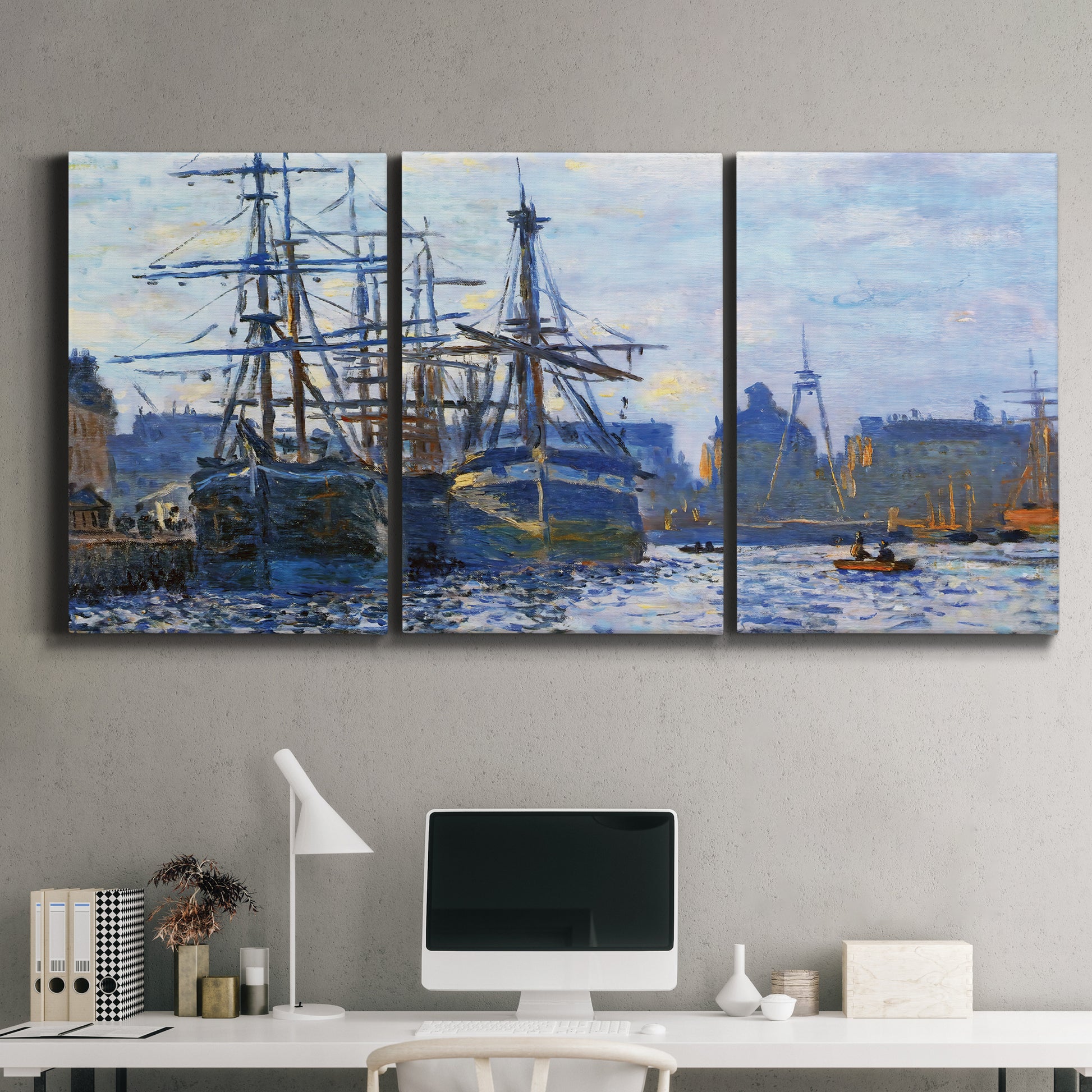 Three-panel canvas wall art featuring industrial dock along harbor, displayed above a desk in a home office.