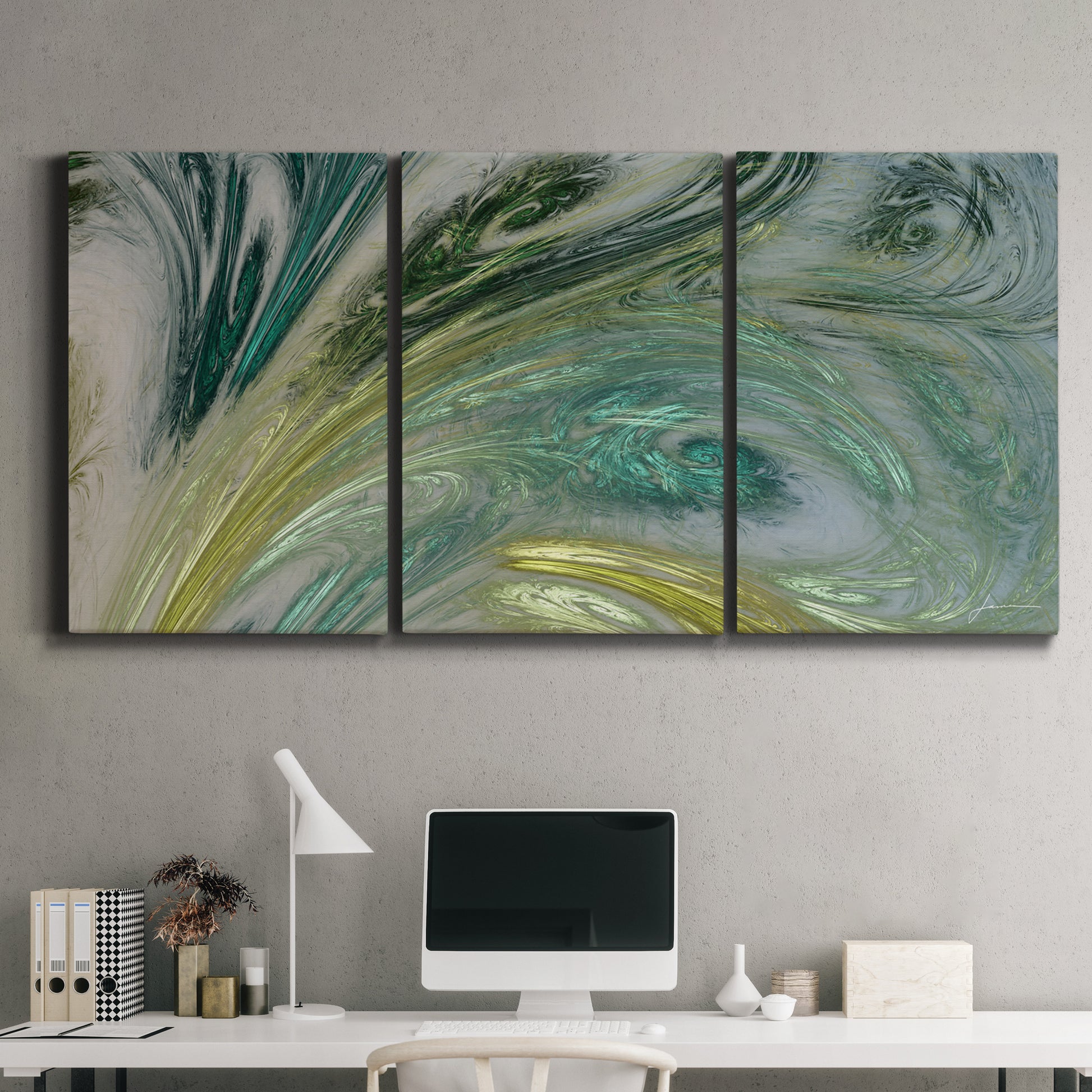 Three-panel canvas wall art featuring layered modern abstract landscape, displayed above a desk in a home office.