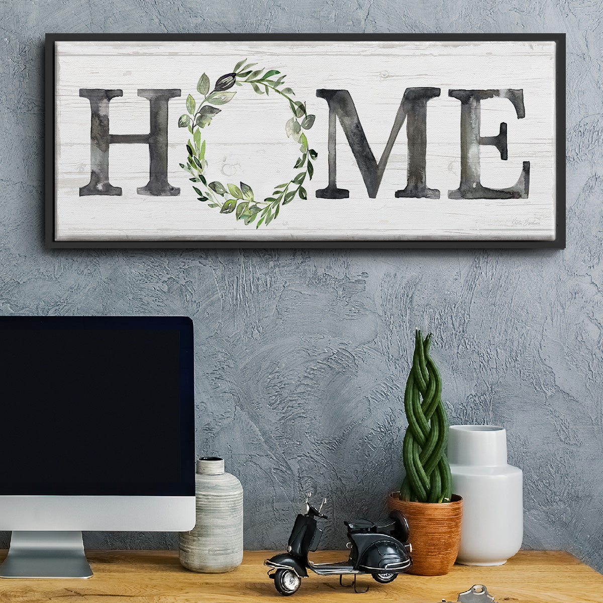 Gray Home Wreath - Floater Framed Canvas Print