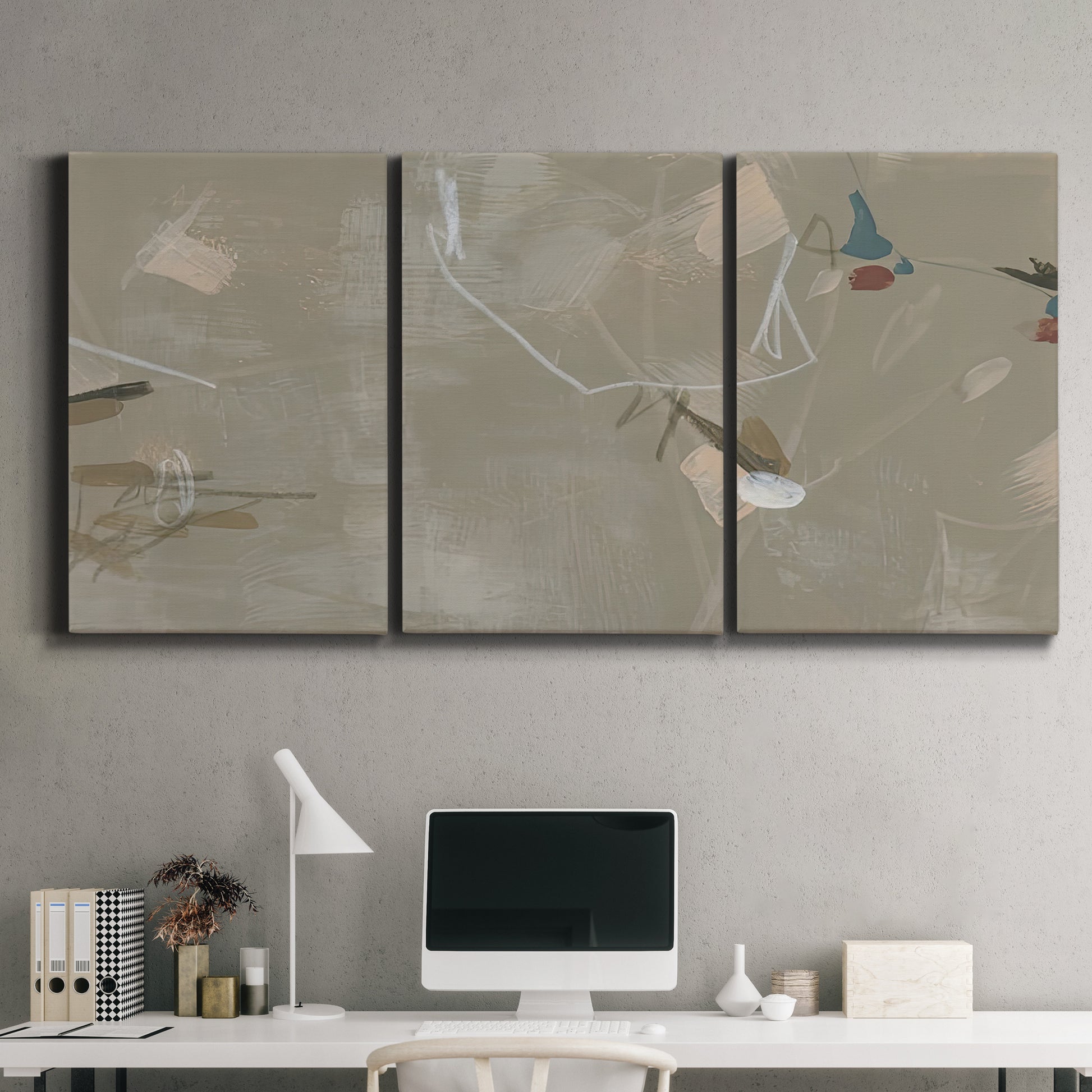 Three-panel canvas wall art featuring mid century terrazzo inspired abstraction, displayed above a desk in a home office.