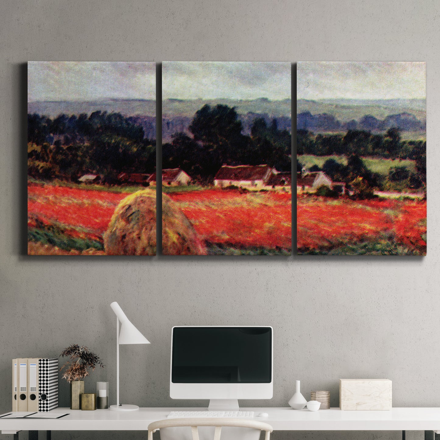 Three-panel canvas wall art featuring red poppy field near barn, displayed above a desk in a home office.
