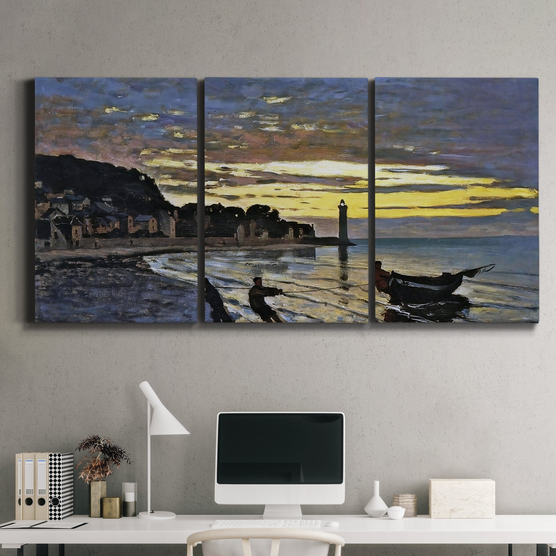 Three-panel canvas wall art featuring river at dusk with fading light, displayed above a desk in a home office.