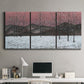Three-panel canvas wall art featuring winter sunset snowfall landscape, displayed above a desk in a home office.