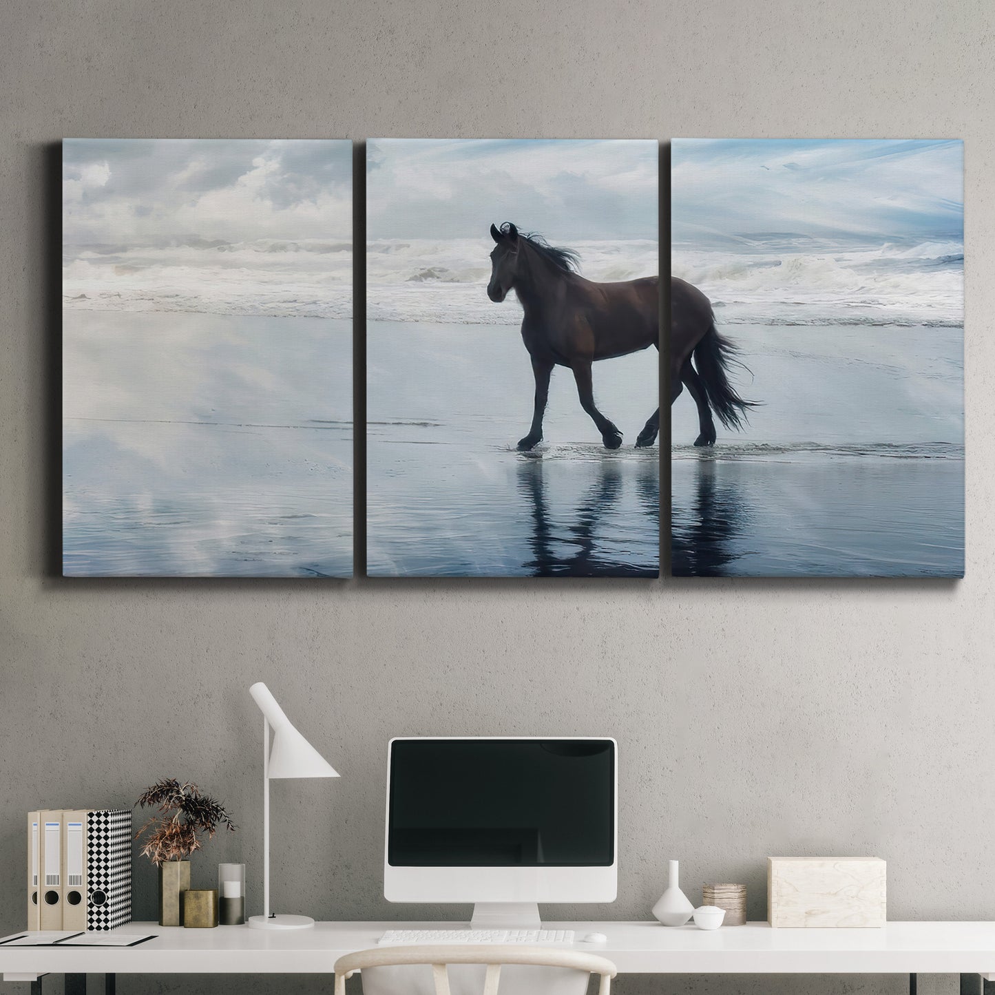 Three-panel canvas wall art featuring running horses captured mid stride, displayed above a desk in a home office.