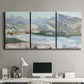Three-panel canvas wall art featuring pastel mountain landscape view, displayed above a desk in a home office.