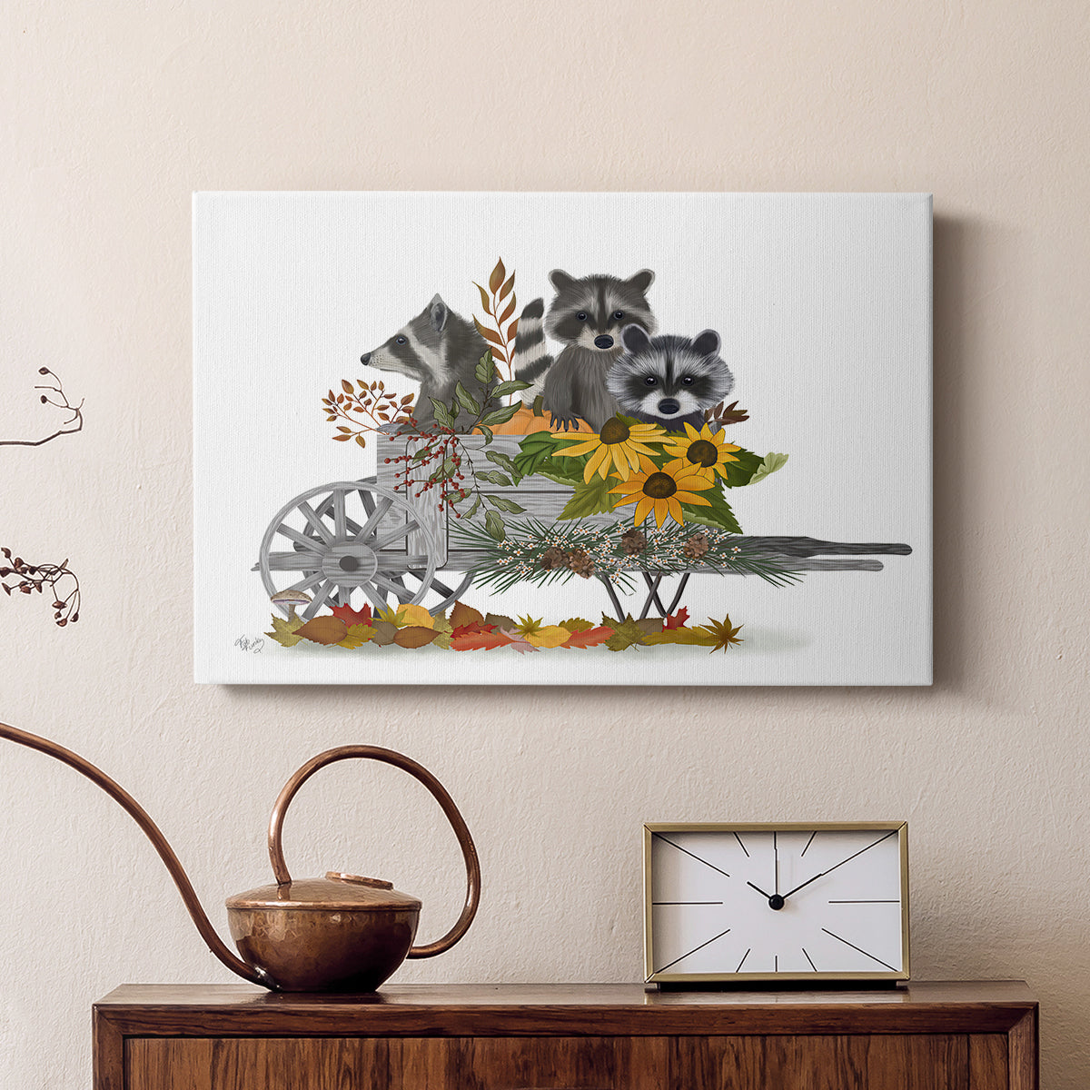 Raccoon Wheelbarrow - Canvas Art Print