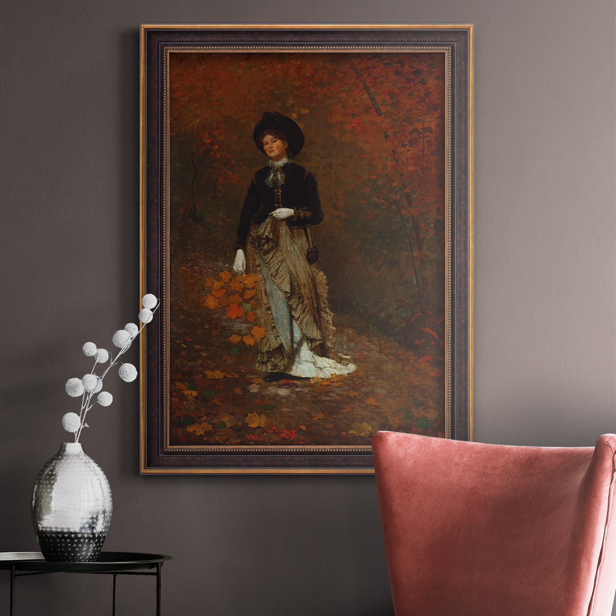 Realist autumn portrait scene by Winslow Homer in an ornate bronzed mahogany wood frame displayed in a neutral interior setting.