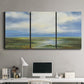 Three-panel canvas wall art featuring pastoral path leading into distance, displayed above a desk in a home office.