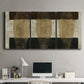 Three-panel canvas wall art featuring textured abstract vessel forms, displayed above a desk in a home office.