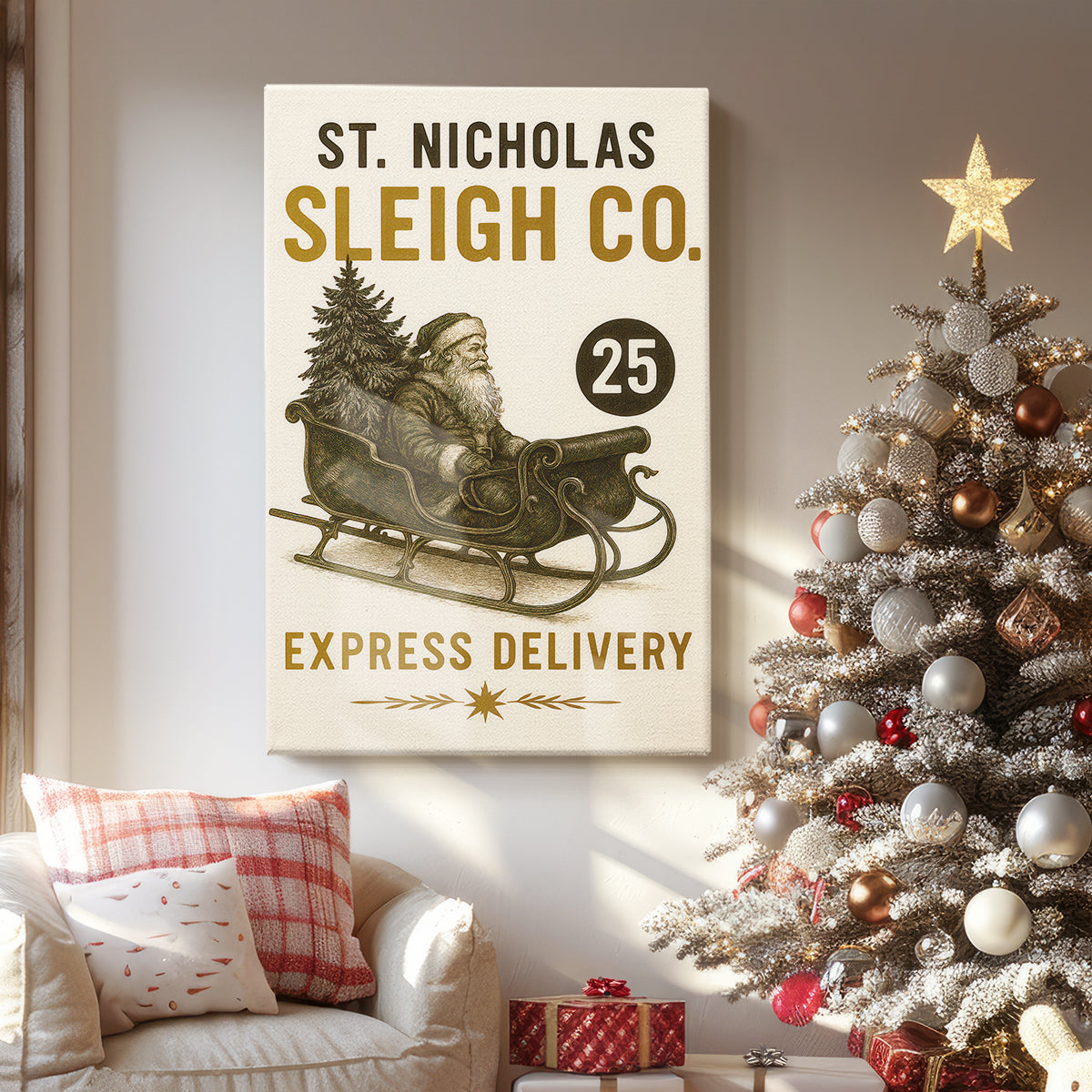 Tinsel-Gold Evergreen Village - Canvas Art Print