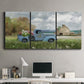 Three-panel canvas wall art featuring vintage blue truck with flower load, displayed above a desk in a home office.