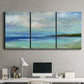 Three-panel canvas wall art featuring narrow island inlet waters, displayed above a desk in a home office.