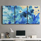 Three-panel canvas wall art featuring abstract coastal beach color fields, displayed above a desk in a home office.