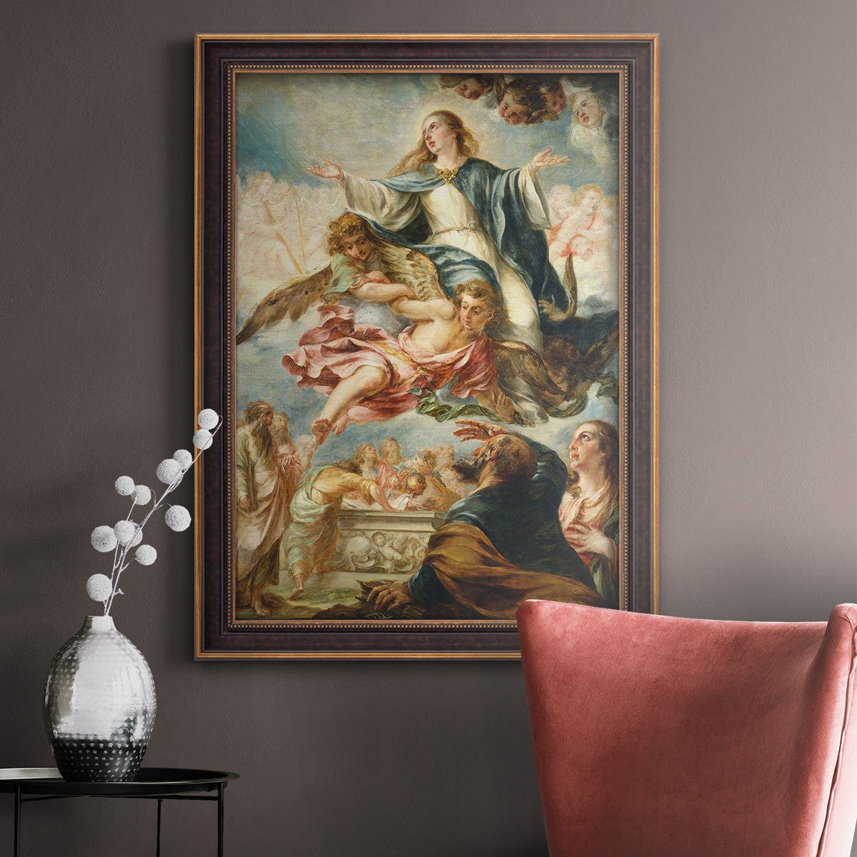 Religious painting of the Assumption of the Virgin Mary by Juan de Valdés Leal in an ornate bronzed mahogany wood frame displayed in a neutral interior setting.