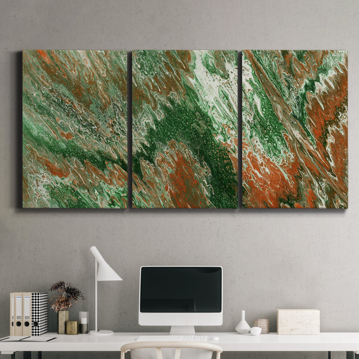 Three-panel canvas wall art featuring modern abstract layered pattern, displayed above a desk in a home office.