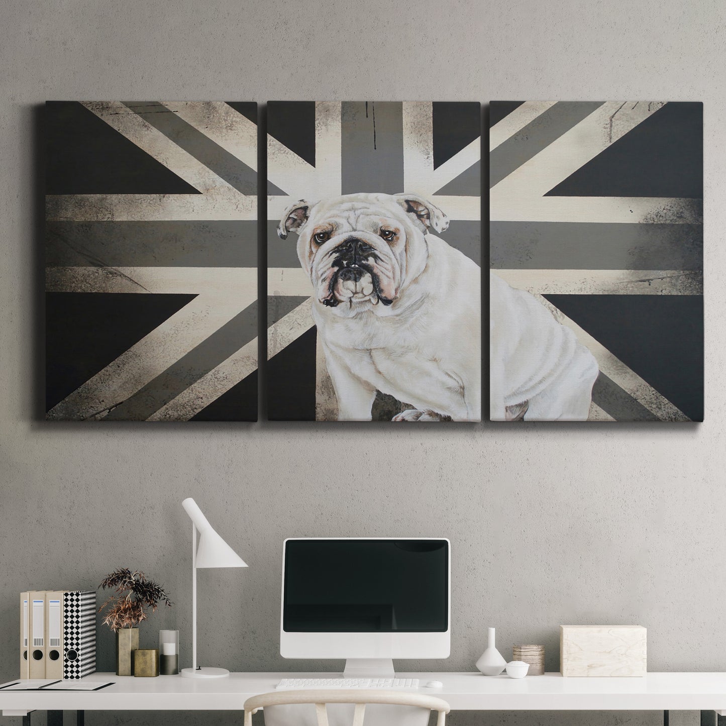 Three-panel canvas wall art featuring black and white animal collage, displayed above a desk in a home office.