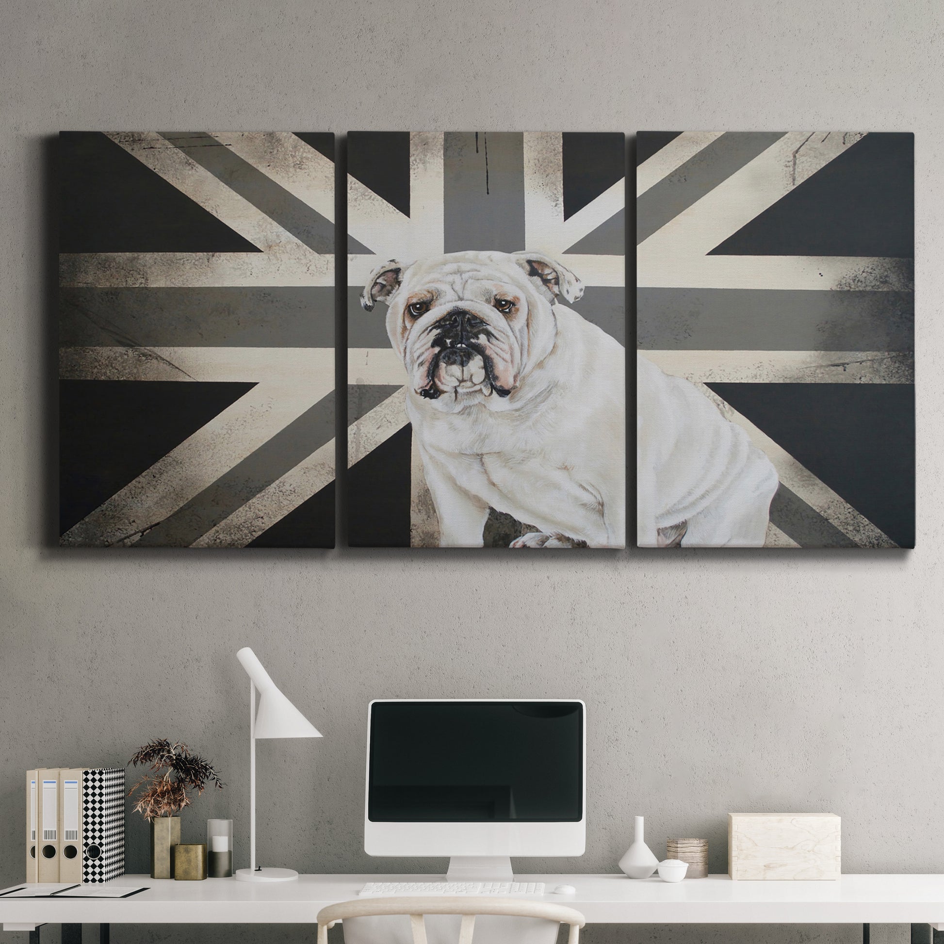 Three-panel canvas wall art featuring black and white animal collage, displayed above a desk in a home office.