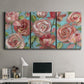 Three-panel canvas wall art featuring playful peach toned floral composition, displayed above a desk in a home office.