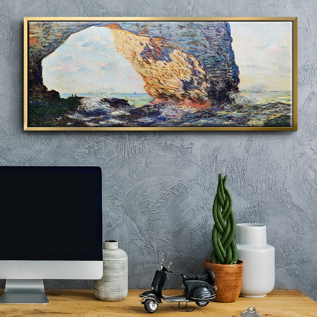 The rocky cliffs of Ã‰tretat (La Porte man) [1] by Monet - Floater Framed Canvas Print