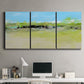 Three-panel canvas wall art featuring abstract terrace landscape view, displayed above a desk in a home office.