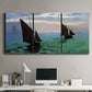 Three-panel canvas wall art featuring fishing boats moving through open sea, displayed above a desk in a home office.