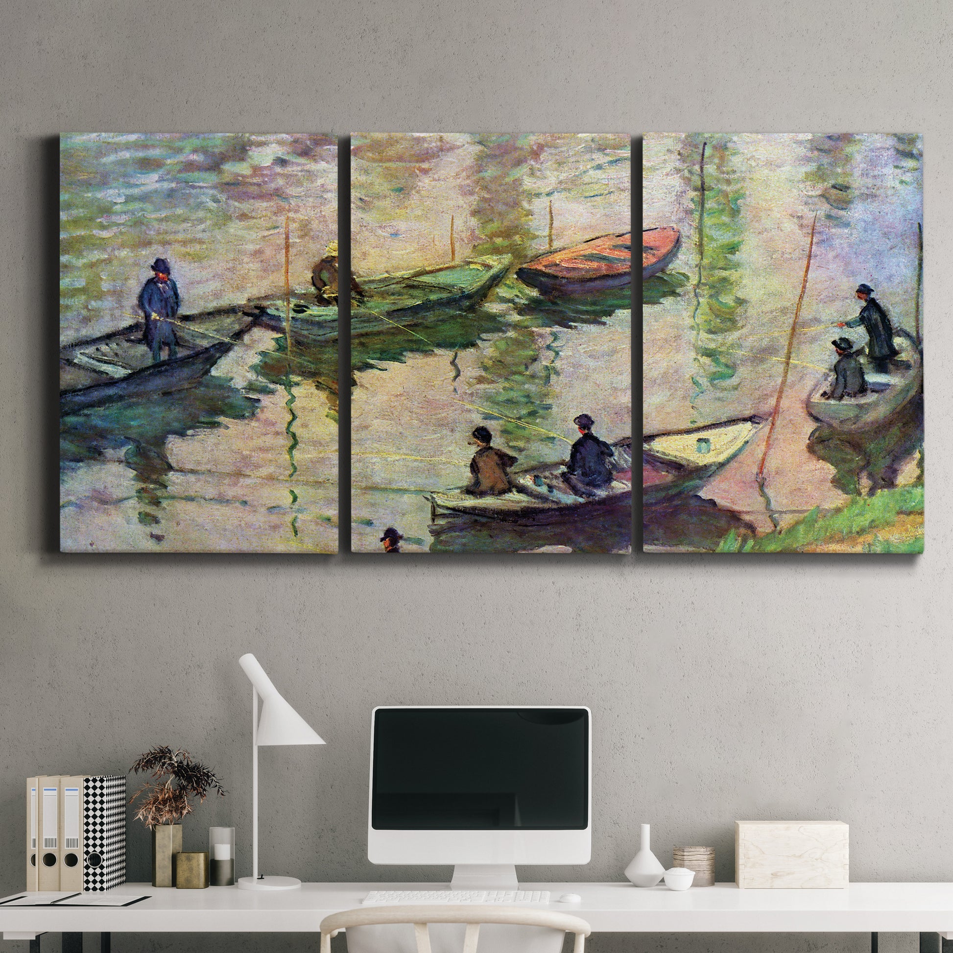 Three-panel canvas wall art featuring river scene with boats and reflections, displayed above a desk in a home office.