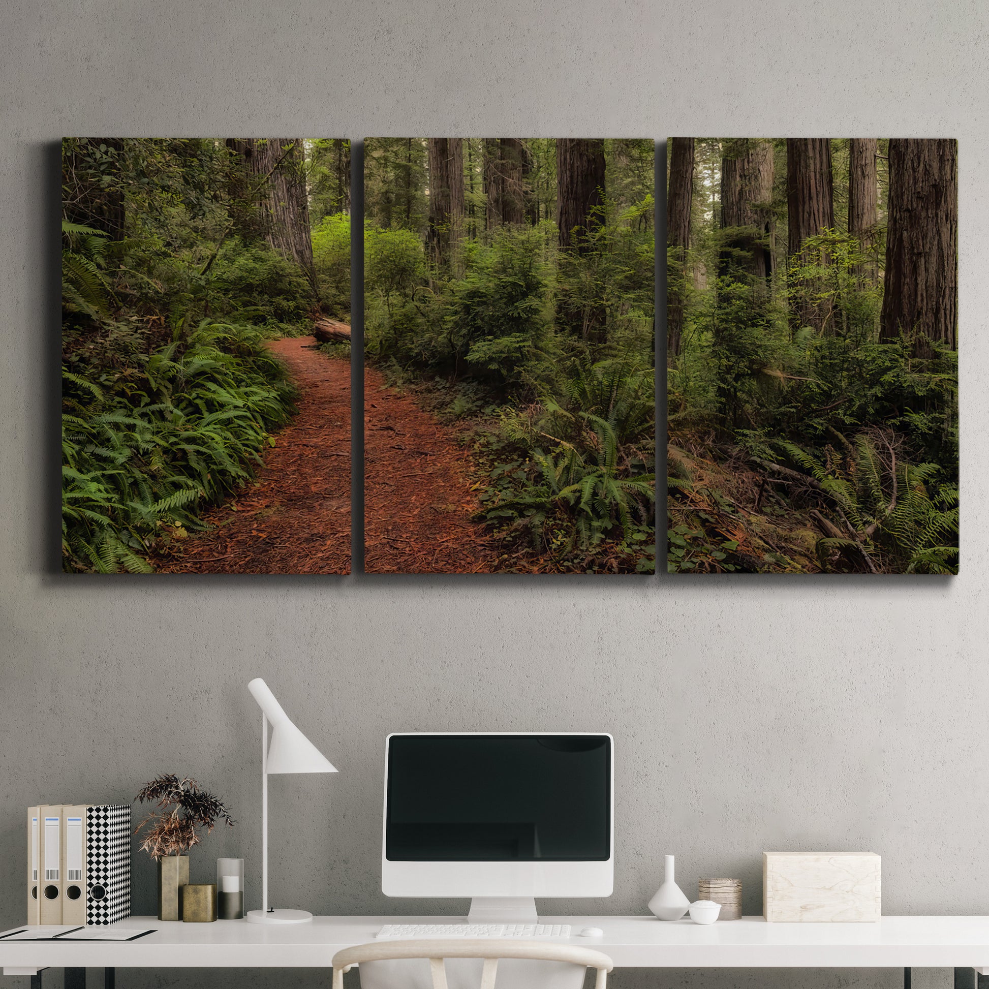 Three-panel canvas wall art featuring forest trail landscape photograph, displayed above a desk in a home office.