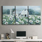 Three-panel canvas wall art featuring pastoral farmland with open fields, displayed above a desk in a home office.