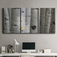 Three-panel canvas wall art featuring close up tree bark texture photograph, displayed above a desk in a home office.