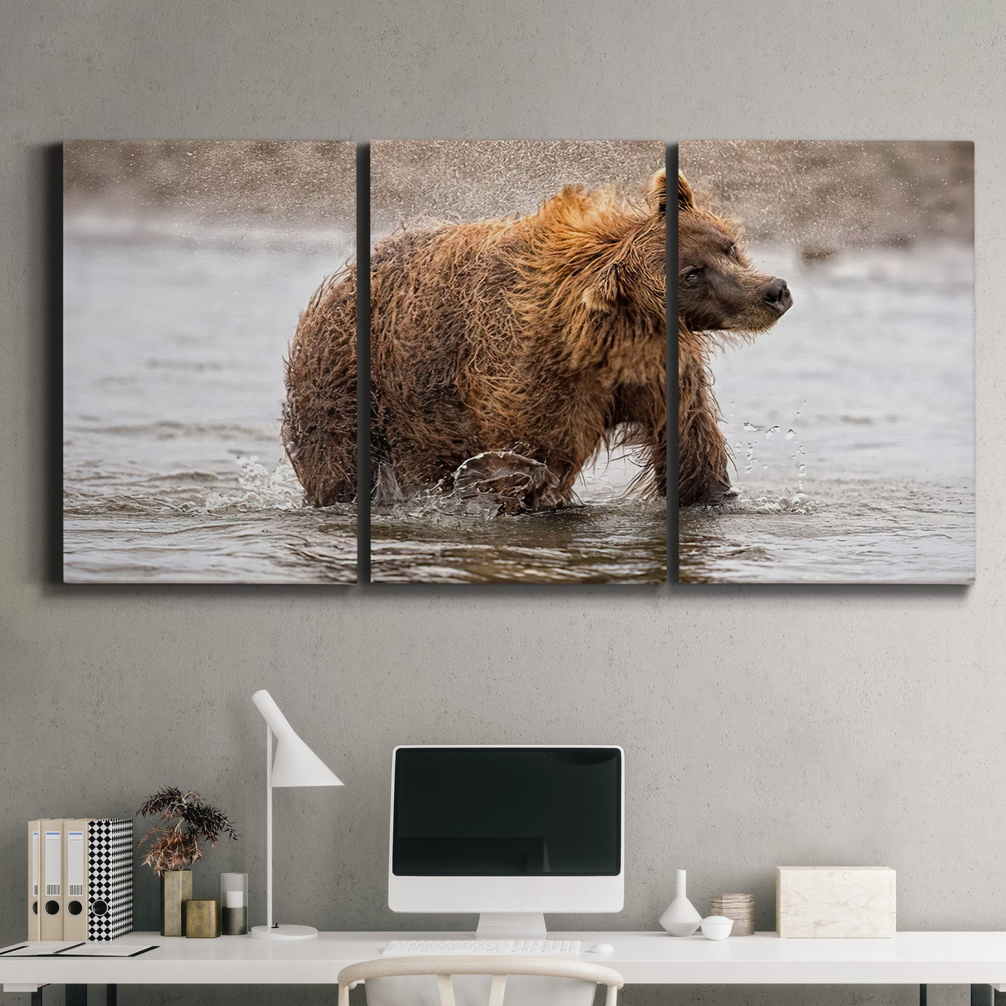Three-panel canvas wall art featuring wildlife photography animal portrait, displayed above a desk in a home office.