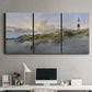 Three-panel canvas wall art featuring guardian boat along shoreline, displayed above a desk in a home office.