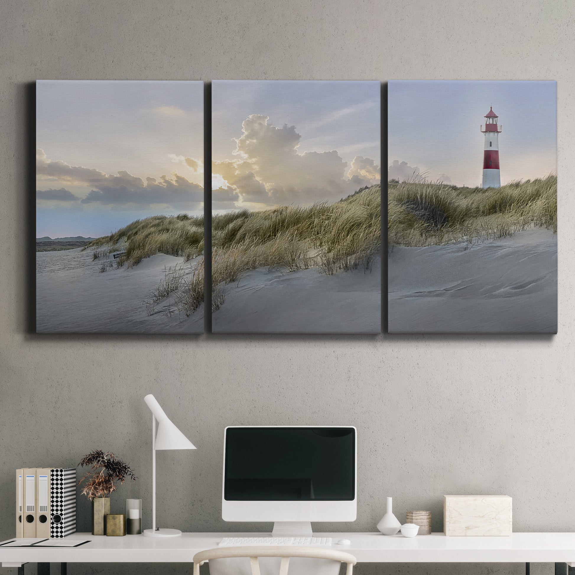 Three-panel canvas wall art featuring guardian boat along shoreline, displayed above a desk in a home office.