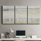 Three-panel canvas wall art featuring minimal abstract storm movement, displayed above a desk in a home office.