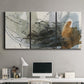 Three-panel canvas wall art featuring dynamic circular abstract motion, displayed above a desk in a home office.