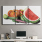 Three-panel canvas wall art featuring impressionist market still life, displayed above a desk in a home office.