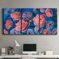 Three-panel canvas wall art featuring layered botanical petal abstractions, displayed above a desk in a home office.