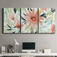 Three-panel canvas wall art featuring tropical botanical collage, displayed above a desk in a home office.