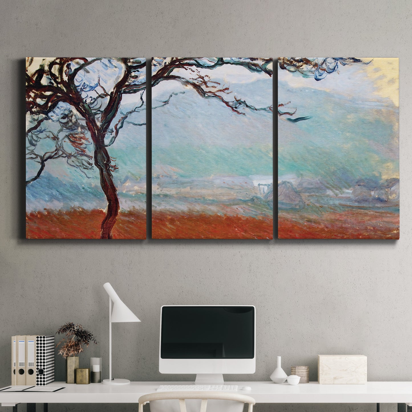 Three-panel canvas wall art featuring coastal trees at evening light, displayed above a desk in a home office.
