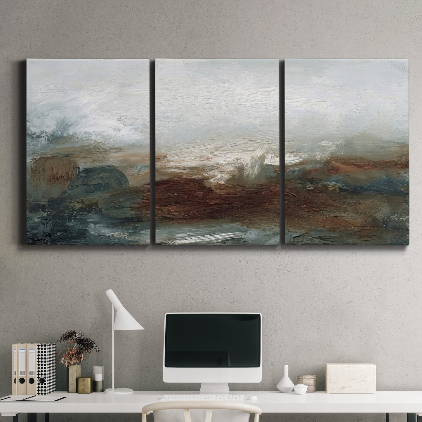Three-panel canvas wall art featuring soft abstract evening light, displayed above a desk in a home office.