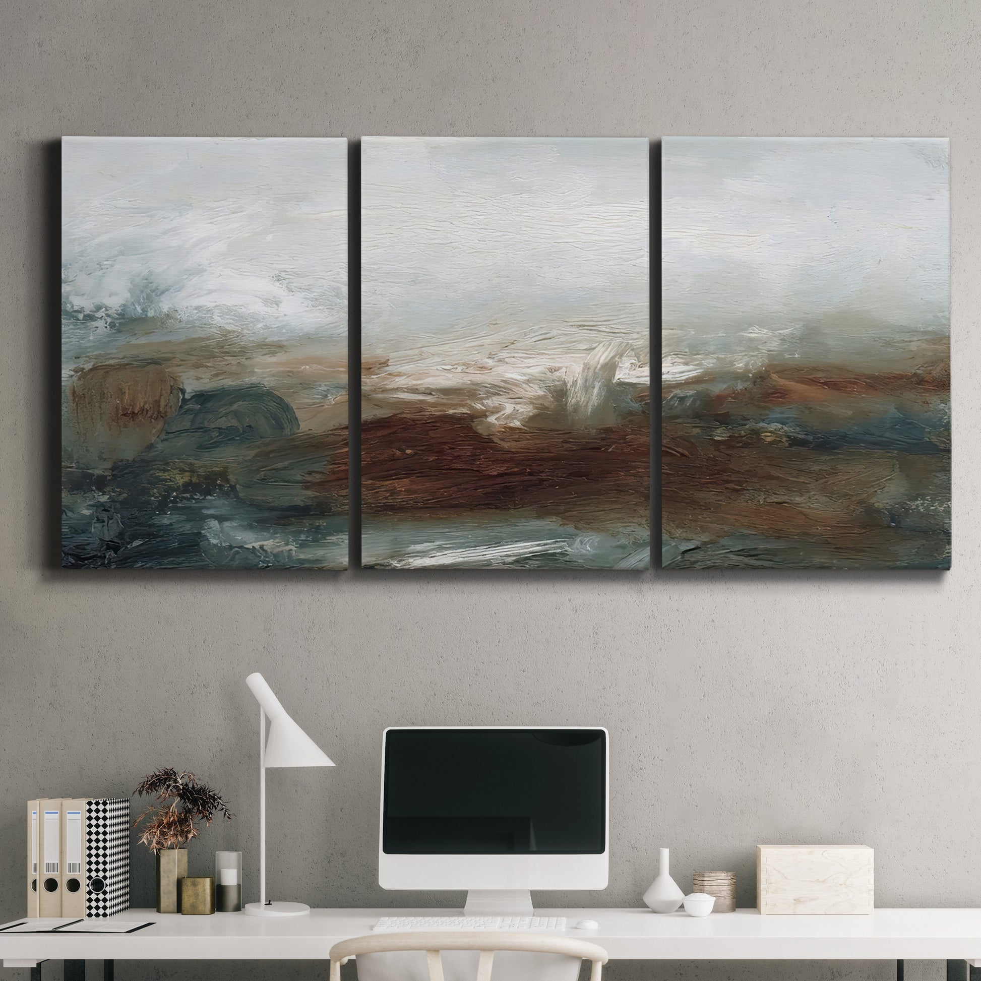 Three-panel canvas wall art featuring soft abstract evening light, displayed above a desk in a home office.