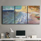 Three-panel canvas wall art featuring figures along rocky beach, displayed above a desk in a home office.