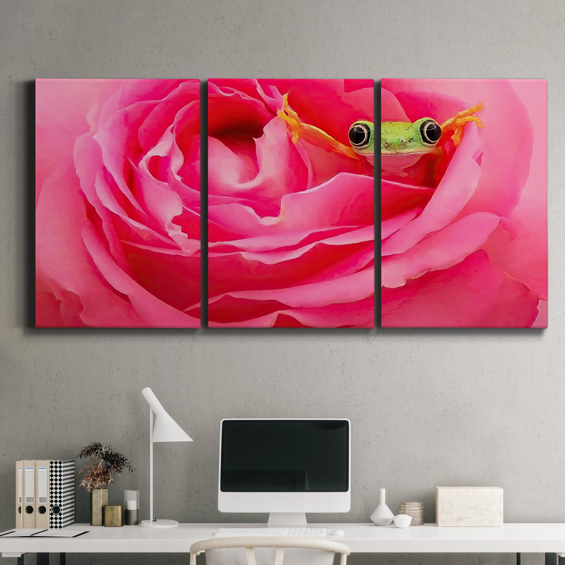 Three-panel canvas wall art featuring animal photography with floral elements, displayed above a desk in a home office.