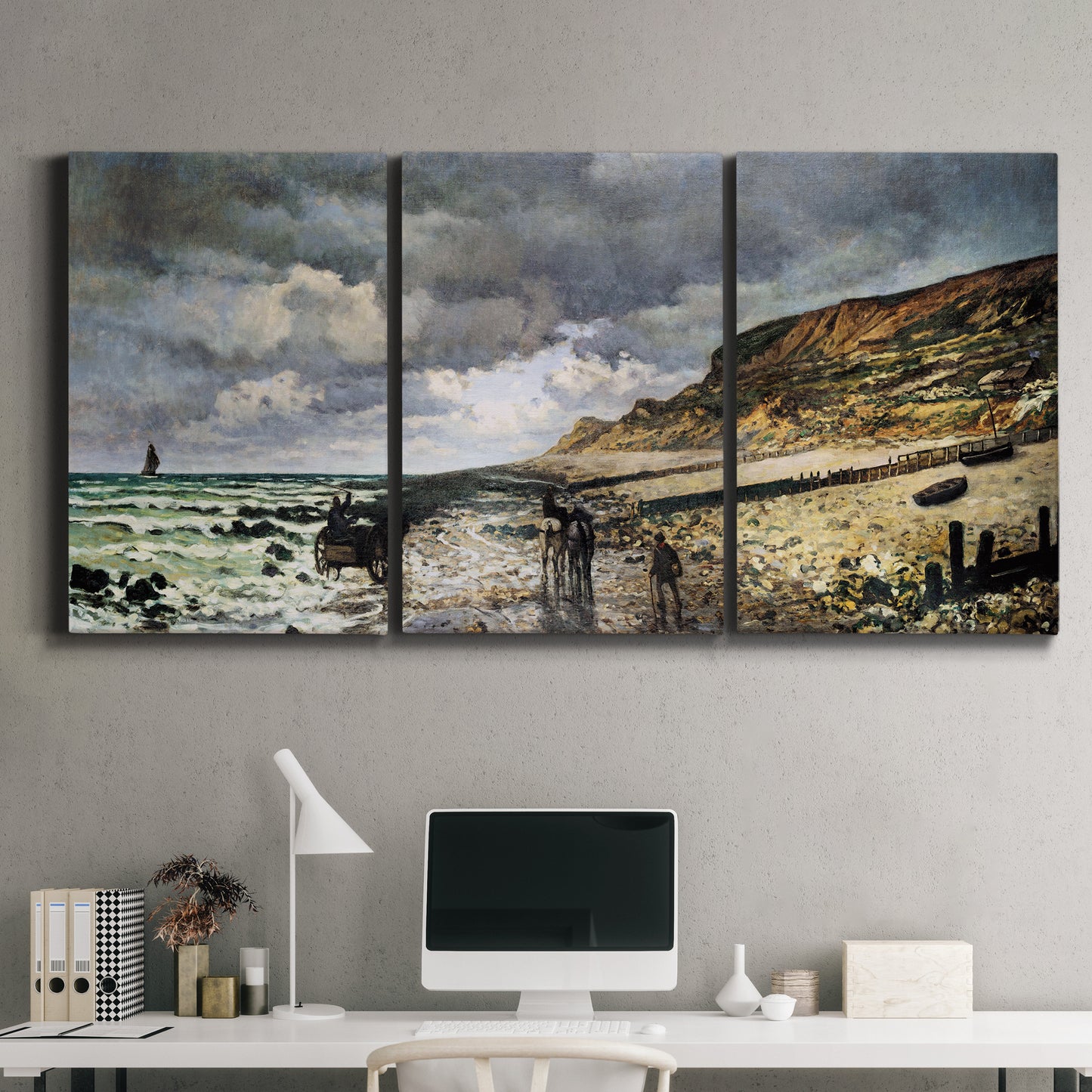 Three-panel canvas wall art featuring sunset beach with glowing sky, displayed above a desk in a home office.