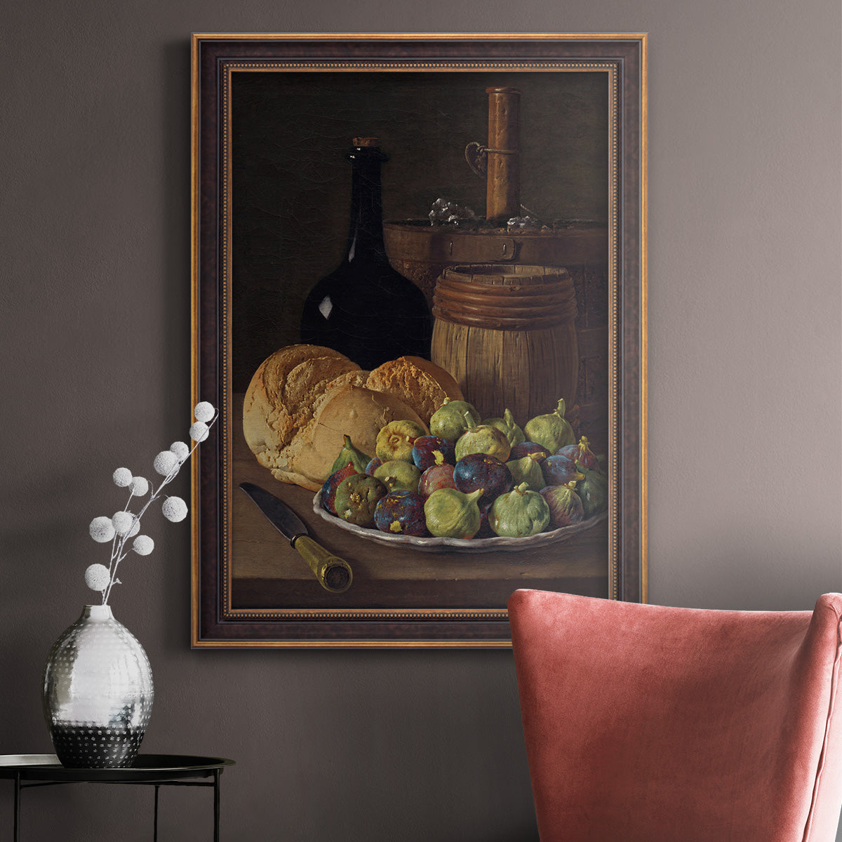 Realist still life with figs and bread by Luis Meléndez in an ornate bronzed mahogany wood frame displayed in a neutral interior setting.