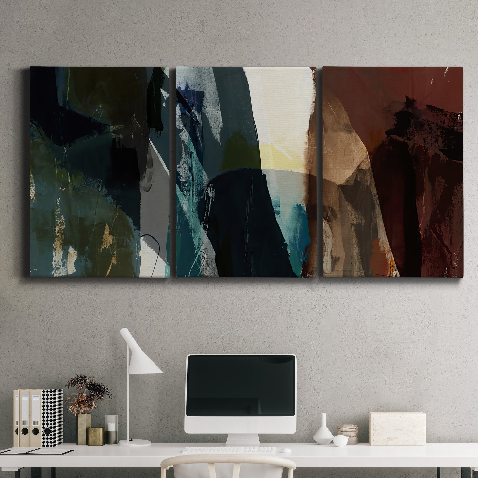 Three-panel canvas wall art featuring layered neutral abstract textures, displayed above a desk in a home office.