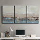 Three-panel canvas wall art featuring abstract bridge landscape in cyan, displayed above a desk in a home office.