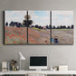 Three-panel canvas wall art featuring poppy field stretching across meadow, displayed above a desk in a home office.