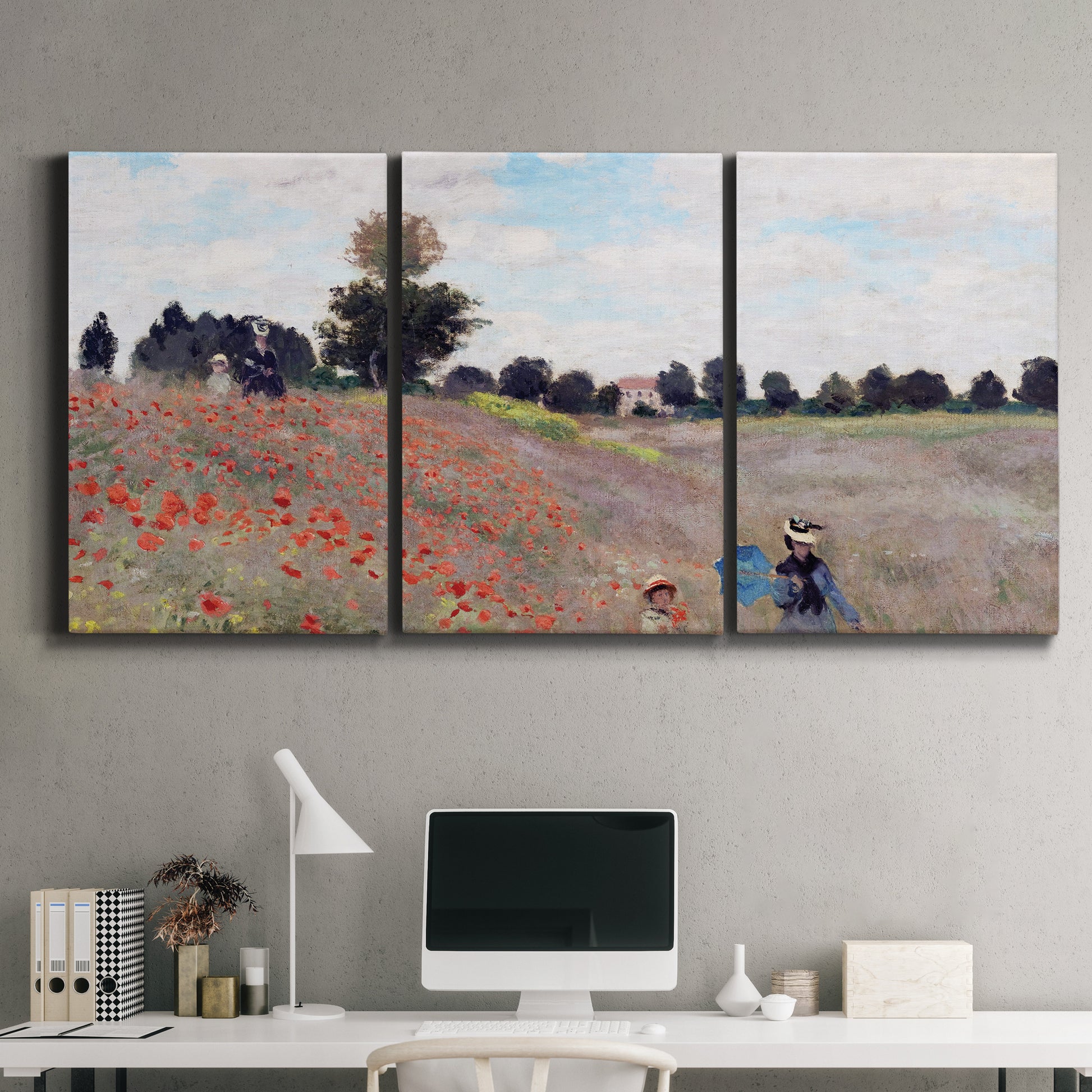 Three-panel canvas wall art featuring poppy field stretching across meadow, displayed above a desk in a home office.