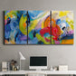 Three-panel canvas wall art featuring colorful abstract racing forms, displayed above a desk in a home office.